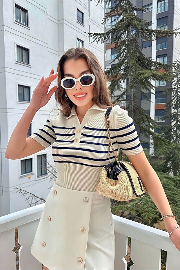Striped Ribbed Button Detailed Blouse - 3