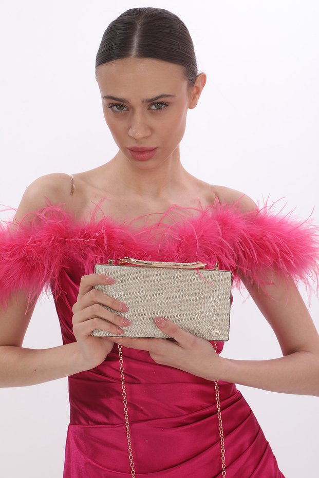 Gold Color Chupra Material Stoned Women's Evening Dress Clutch Portfolio Wedding Engagement Henna Evening Bag