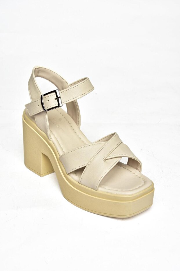 S996023009 Beige Damensandalen mit dickem Absatz - 8