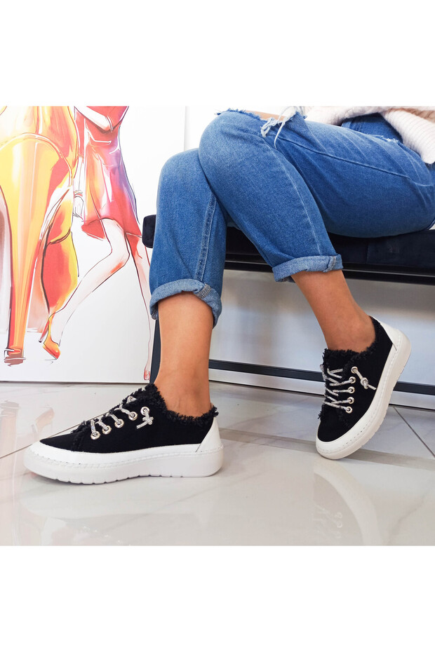 Black Stone Flat Sole Women's Denim Sneakers, Sizes 36-37-38-39-40