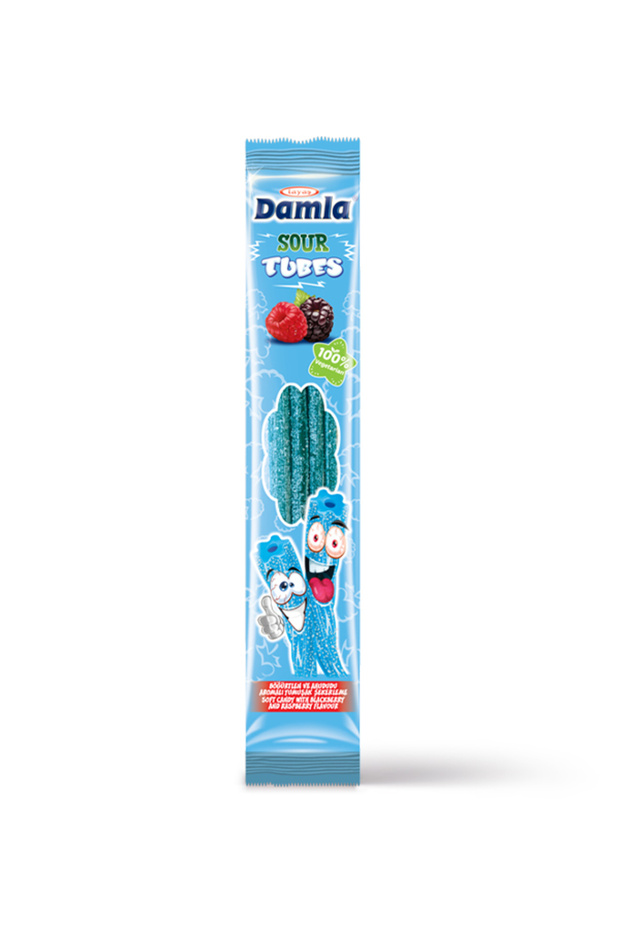 Damla Sour Tubes Licorice Ahududu-Böğürtlenli Jel Şeker Poşet 30 Gr X 24 Adet Kutulu - 2