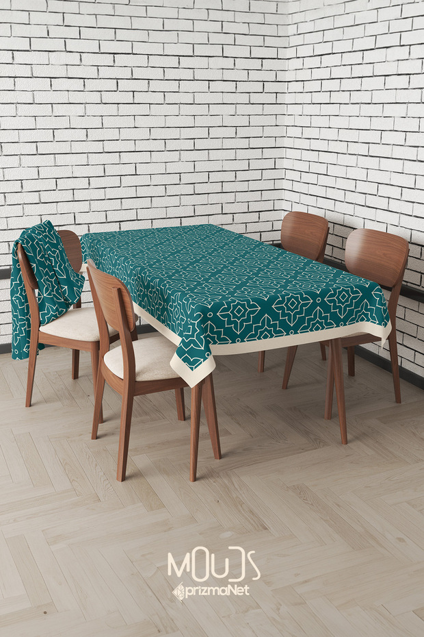 Turquoise White Ornament Islamic Patterned Suede Fabric Carefree Tablecloth Square and Rectangular - 3