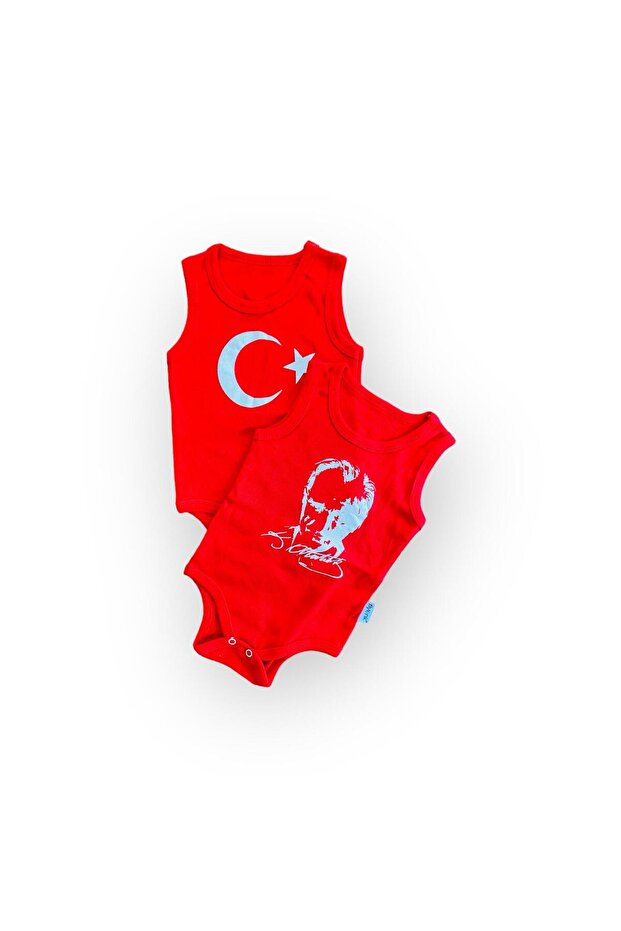 Ataturk and Turkish Flag Designed Printed 2 Pieces Red Snap-On Sleeveless Unisex Baby Bodysuit