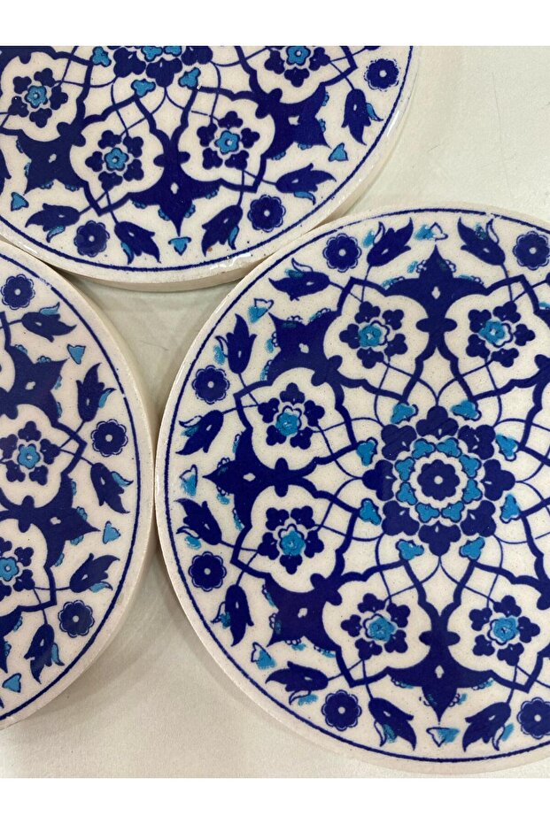 3 Pieces 9 cm Tile Patterned Ceramic Coasters - 5