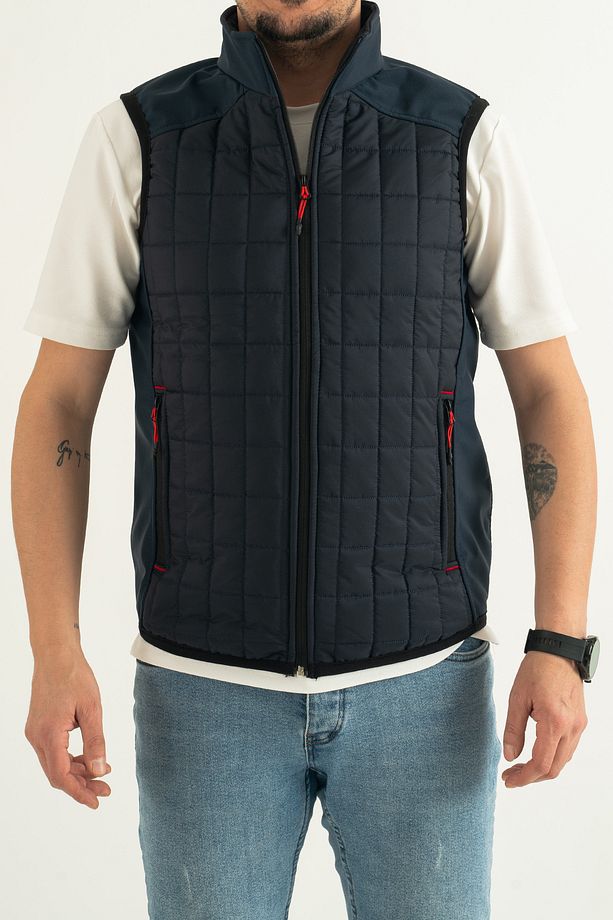 Erkek Lacivert Slim Fit Dar Kesim Içi Polar Outdoor Kapitone Yelek - 1