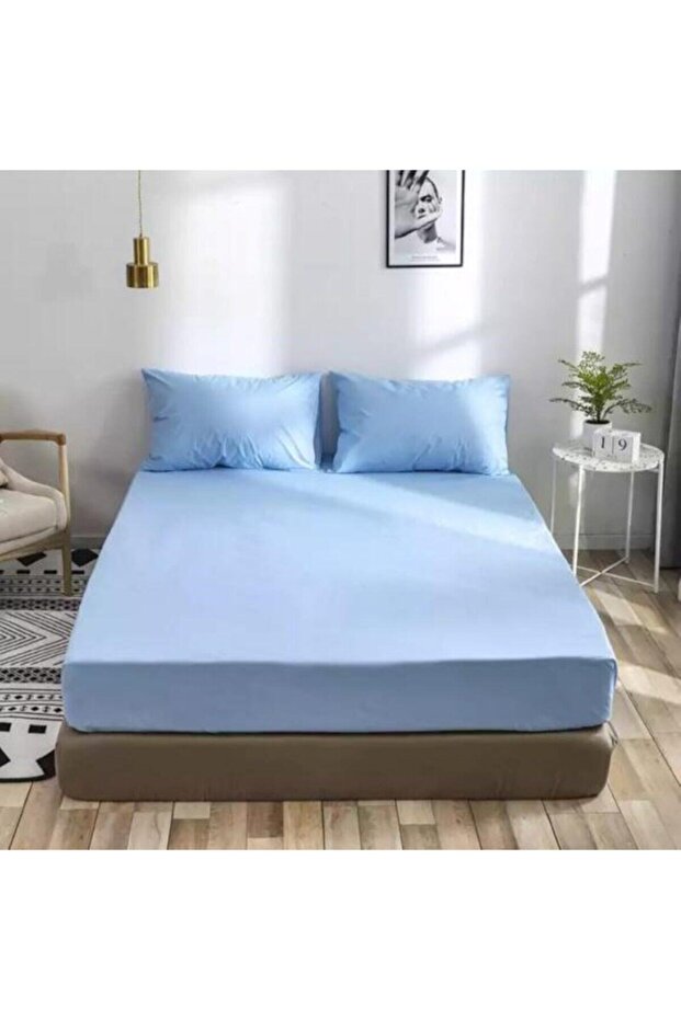 Combed Cotton Fitted Sheet 1st Quality Domestic Production Single Person Sky Blue 100x200
