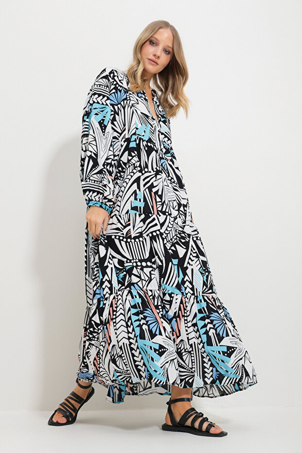 Women's Black-White Chief Collar Shawl Patterned Maxi Length Dress Alc-X11593