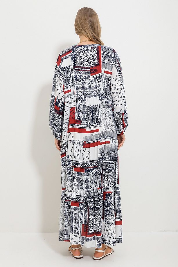 Kadın Tarçın Hakim Yaka Şal Desenli Maxi Boy Elbise Alc-X11593 - 6