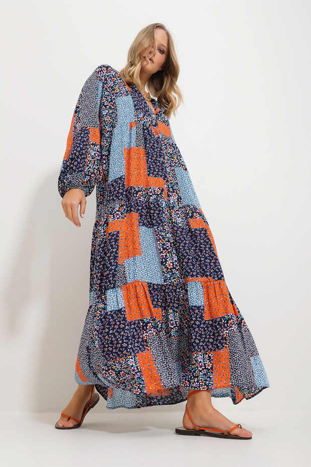 Women's Blue-Orange Chief Collar Shawl Patterned Maxi Length Dress Alc-X11593