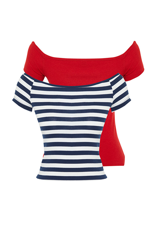2'li Paket Lacivert Çizgili-Kırmızı Düz Carmen Yaka Crop Esnek Örme Bluz TWOSS24BZ00310 - 7