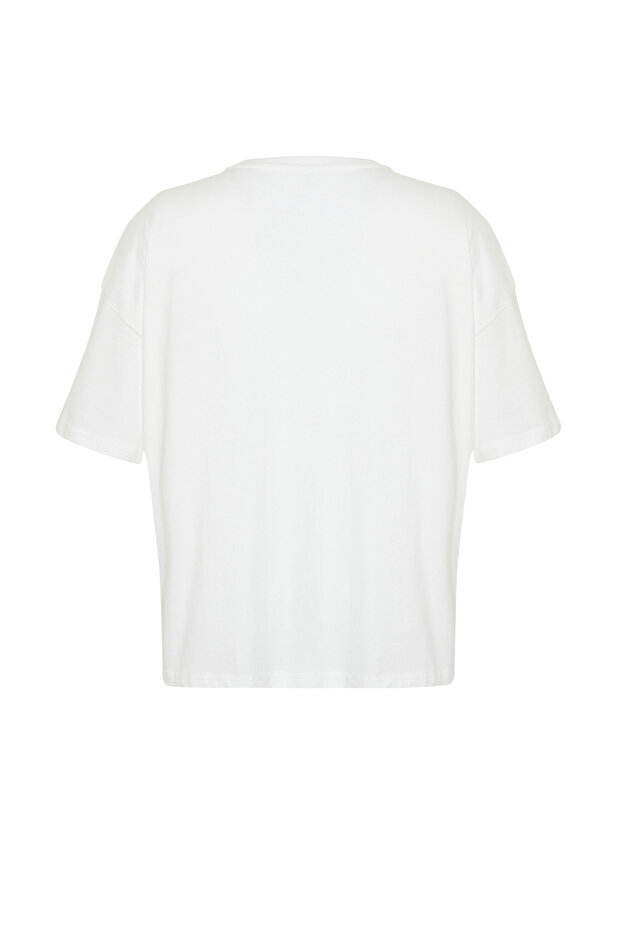 Ekru Unisex Oversize Rahat %100 Pamuklu Couple Örme T-Shirt TBBSS24BF00033 - 9