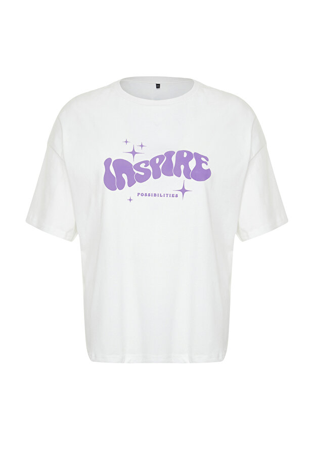 Ekru Unisex Oversize Rahat %100 Pamuklu Couple Örme T-Shirt TBBSS24BF00033 - 8
