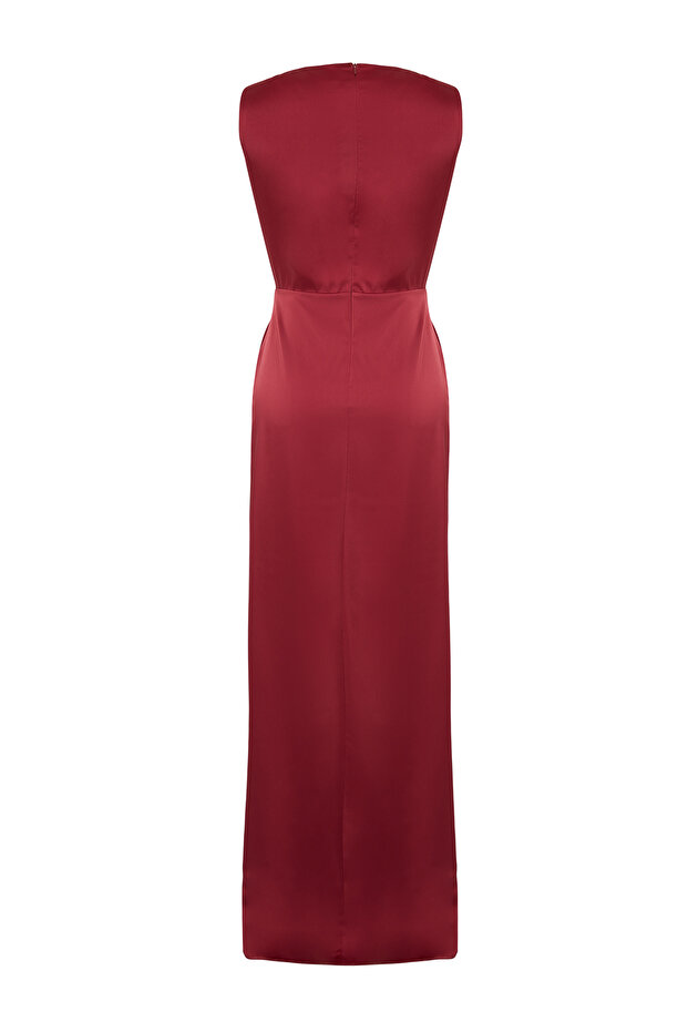 Bordo Dokuma Saten Uzun Gece Abiye Elbise TPRSS24AE00038 - 9
