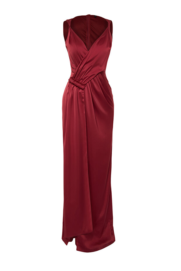 Bordo Dokuma Saten Uzun Gece Abiye Elbise TPRSS24AE00038 - 8