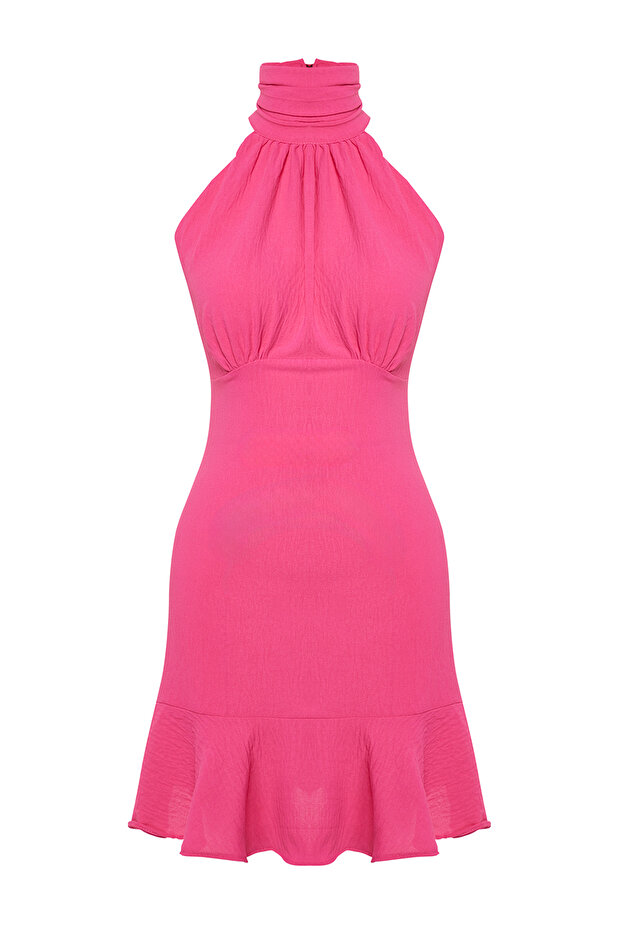 Pembe Halter Yaka A Kesim Mini Dokuma Elbise TWOSS21EL1538 - 7