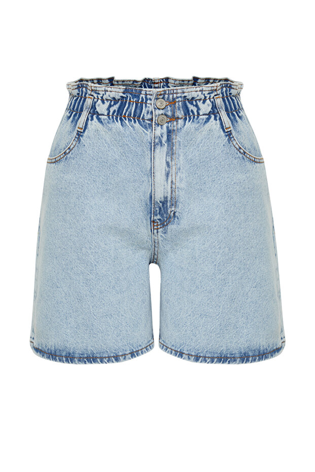 Açık Mavi Lastikli Yüksek Bel Geniş Kesim %100 Pamuk Büyük Beden Denim Şort TBBSS22JE00015 - 7