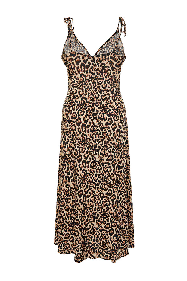 Camel Maxi/Uzun Boy Yırtmaçlı Yazlık Leopar Desenli Dokuma Elbise TBBSS24AH00136 - 8
