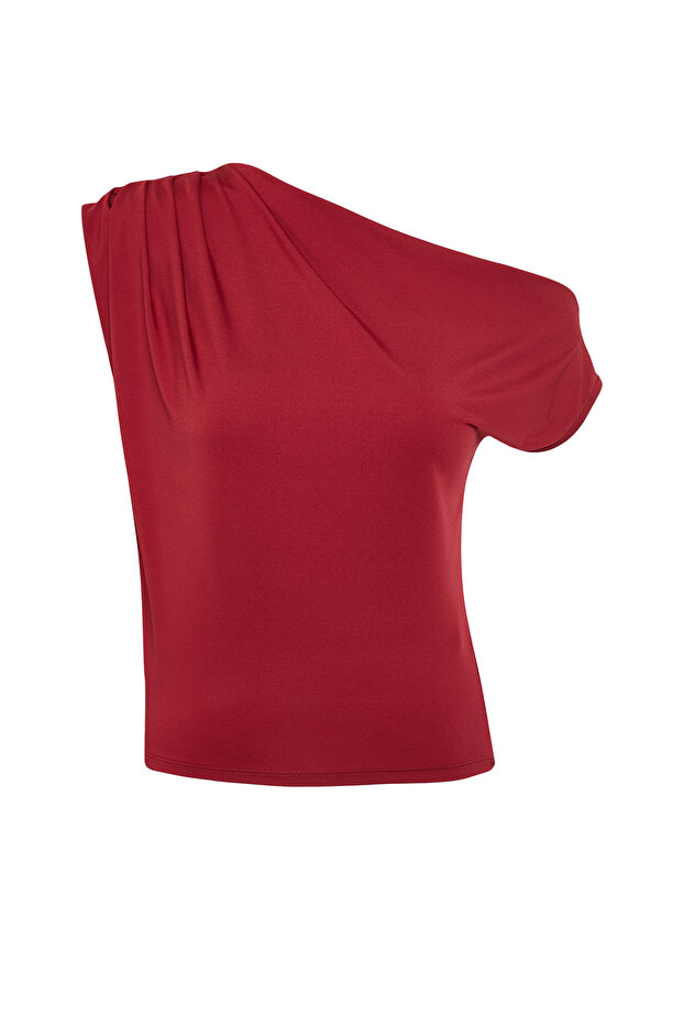 Bordo Regular/Normal Kalıp Asimetrik Yaka Sıfır Kol Esnek Örme Bluz TWOSS24BZ00396 - 6