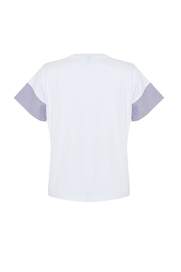 Beyaz Kalın Pamuklu Relaxed/Rahat Kesim Poplin Kol Detaylı Örme T-Shirt TWOSS24TS00007 - 12