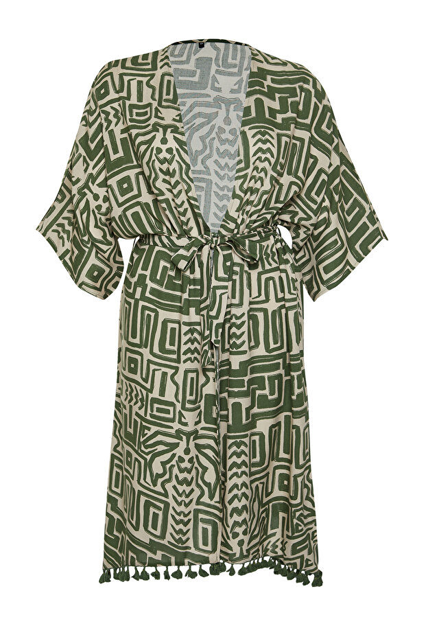 Çok Renkli Etek Ucu Püsküllü Yarasa Kol Viskon Plaj Giyim Büyük Beden Kimono&Kaftan TBBSS24DE00005 - 7