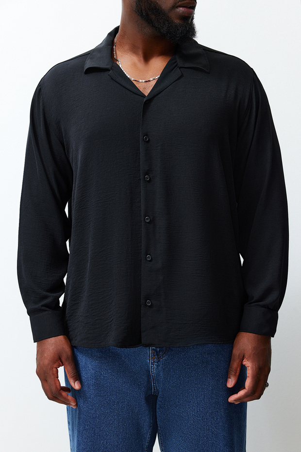 Siyah Regular Fit Fit Apaş Yaka Yazlık Keten Görünümlü Büyük Beden Gömlek TMNSS24AX00012 - 5