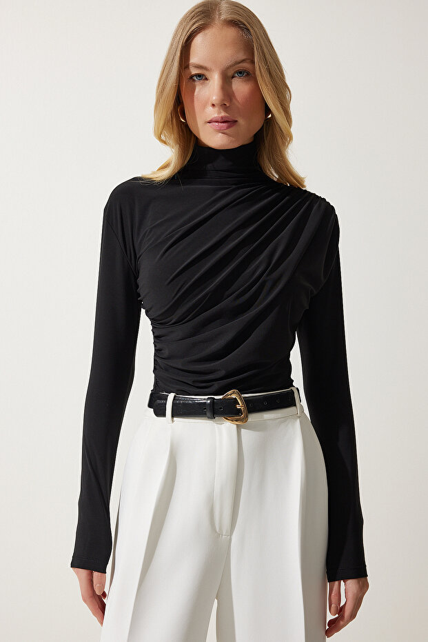 Női fekete magas gallérú Sandy szövetű blúz FF00135 - 2