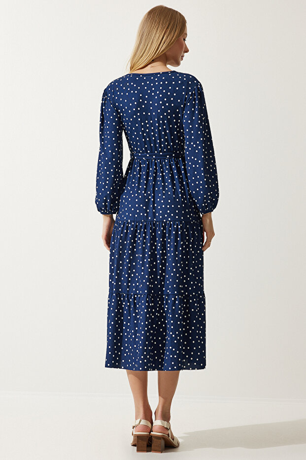 Rochie tricotată cu buline, cu guler înfășurat, albastru bleumarin pentru femei MC00265 - 8