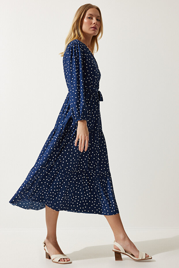 Rochie tricotată cu buline, cu guler înfășurat, albastru bleumarin pentru femei MC00265 - 5