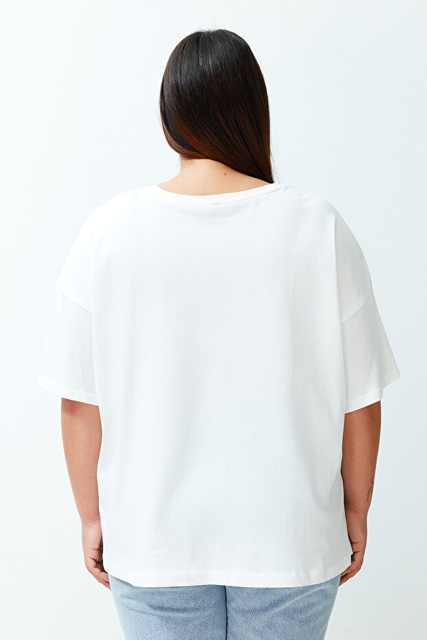 Ekru Unisex Oversize Rahat %100 Pamuklu Couple Örme T-Shirt TBBSS24BF00033 - 7