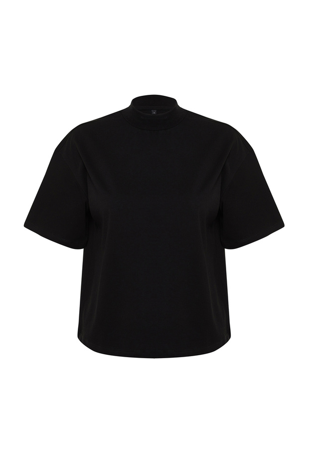 Siyah %100 Kalın Pamuklu Dik Yaka Truvakar Kol Örme T-Shirt TWOSS24TS00074 - 7
