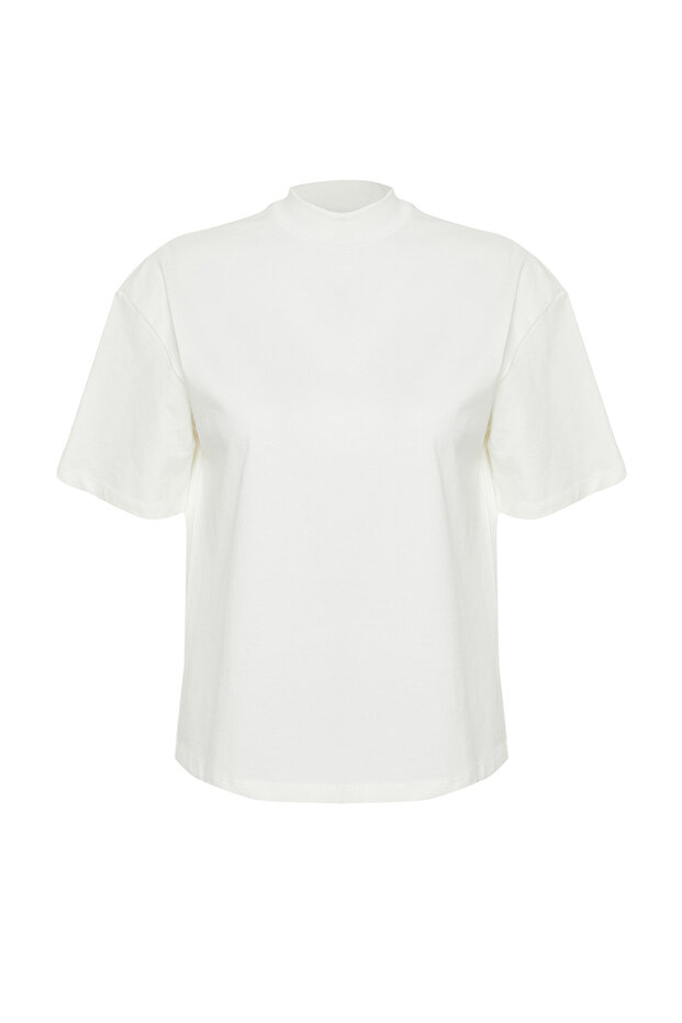 Beyaz %100 Kalın Pamuklu Dik Yaka Truvakar Kol Örme T-Shirt TWOSS24TS00074 - 7