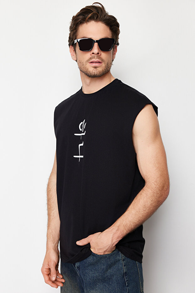 Siyah Oversize/Geniş Kesim Uzak Doğu Yazı Baskılı %100 Pamuklu T-Shirt/Atlet TMNSS22AL0108 - 2