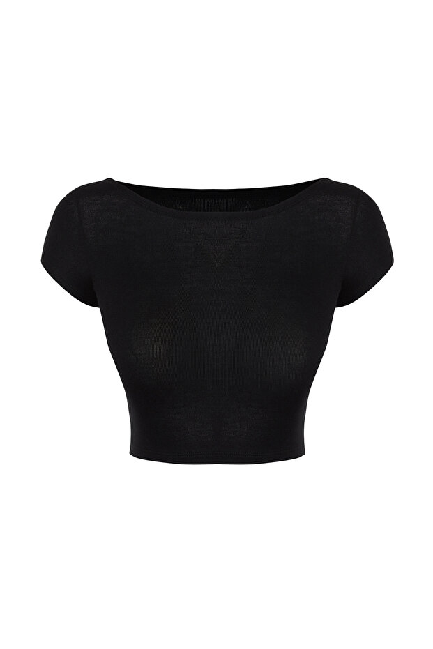 Siyah Bisiklet Yaka Ay Kol Fitted/Vücuda Oturan Crop Örme Bluz TWOSS24BZ00446 - 7