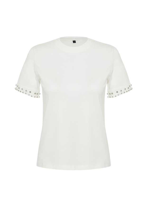 Beyaz İnci Detaylı Regular/Normal Kalıp Örme T-Shirt TWOSS24TS00070 - 7