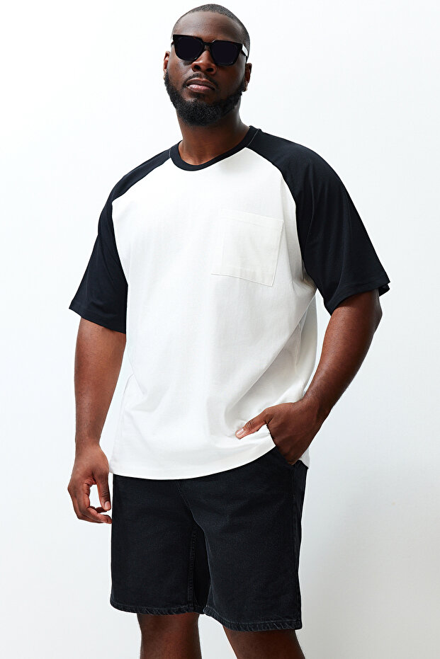 Büyük Beden Ekru Oversize Cepli Renk Bloklu %100 Pamuklu T-Shirt TMNSS24BF00044 - 3