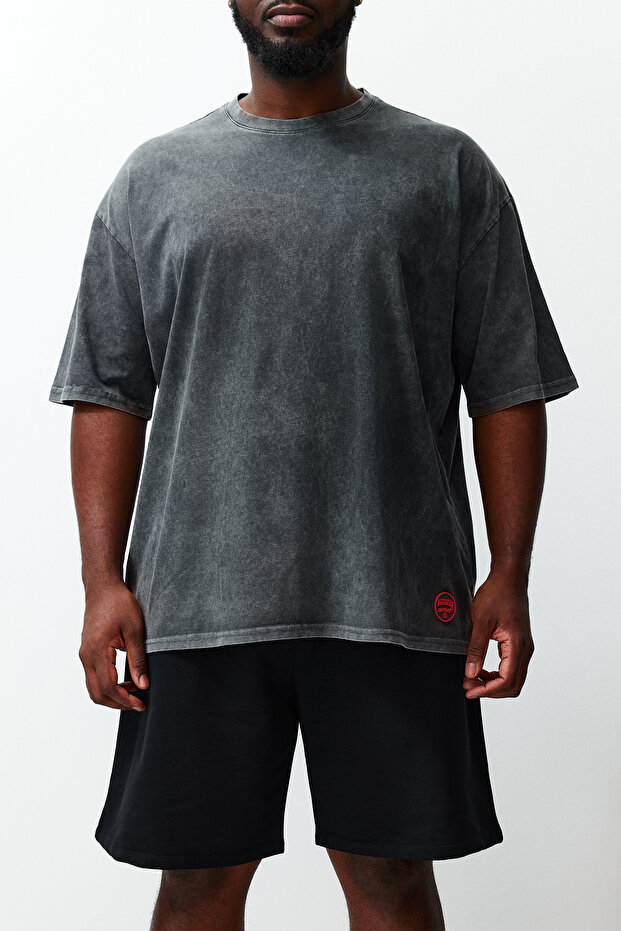 Büyük Beden Antrasit Oversize/Geniş Kesim Soluk Efekt %100 Pamuklu T-Shirt TMNSS23BF00000 - 4