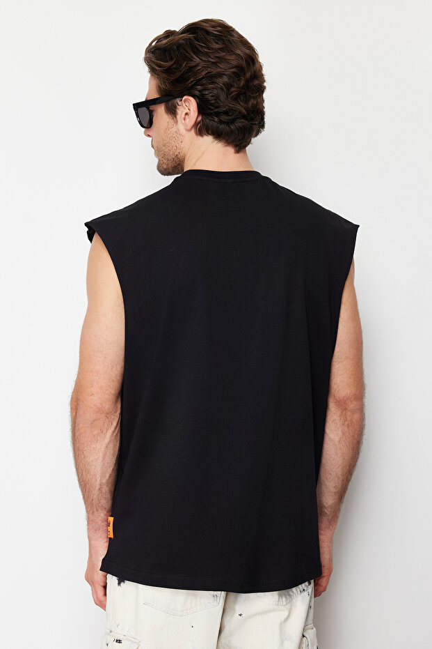 Siyah Oversize/Geniş Kesim Kabarık Yazı Baskılı Etiketli T-Shirt/Atlet TMNSS24AL00005 - 6