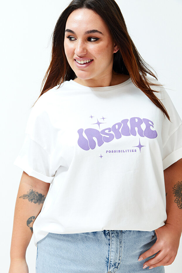 Ekru Unisex Oversize Rahat %100 Pamuklu Couple Örme T-Shirt TBBSS24BF00033 - 3