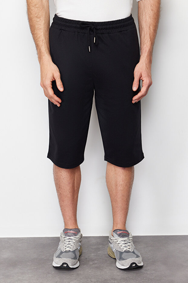 Basic Siyah Regular/Normal Kesim Uzun Boy Lastik Belli Kordonlu Şort TMNSS24SR00036 - 1