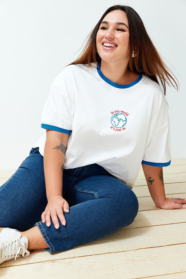 Ekru Unisex Oversize Rahat %100 Pamuklu Couple Örme T-Shirt TBBSS24BF00033 - 2