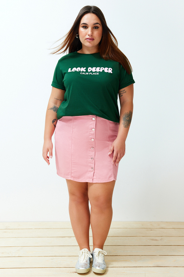 Koyu Yeşil Slogan Baskılı Relaxed %100 Pamuk Örme Büyük Beden T-shirt TBBSS24BF00036 - 4