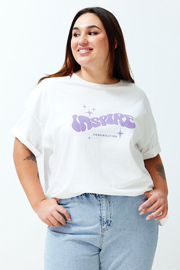 Ekru Unisex Oversize Rahat %100 Pamuklu Couple Örme T-Shirt TBBSS24BF00033 - 2