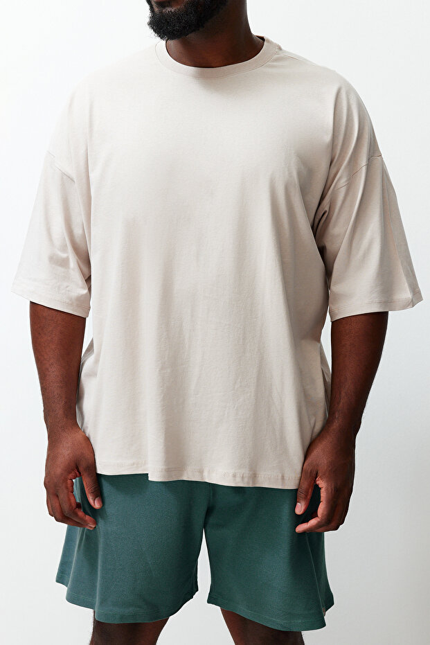 Büyük Beden Taş Oversize/Geniş Kesim %100 Pamuklu T-Shirt TMNSS23TS00139 - 4