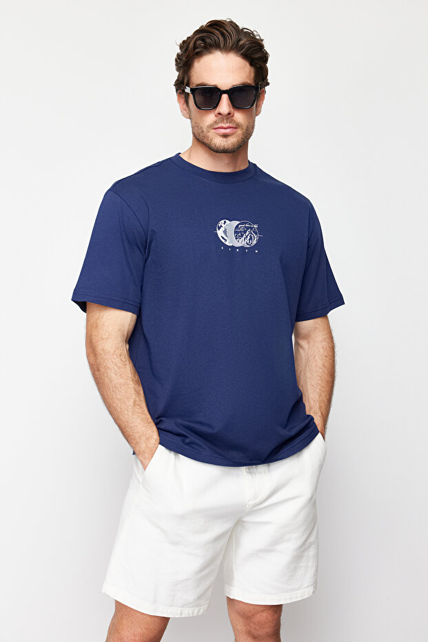 Lacivert Oversize/Geniş Kesim Baskılı %100 Pamuklu T-Shirt TMNSS23TS00261 - 1