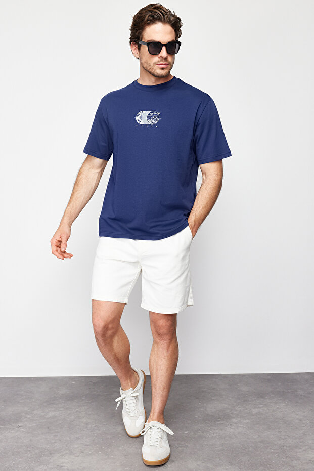 Lacivert Oversize/Geniş Kesim Baskılı %100 Pamuklu T-Shirt TMNSS23TS00261 - 3