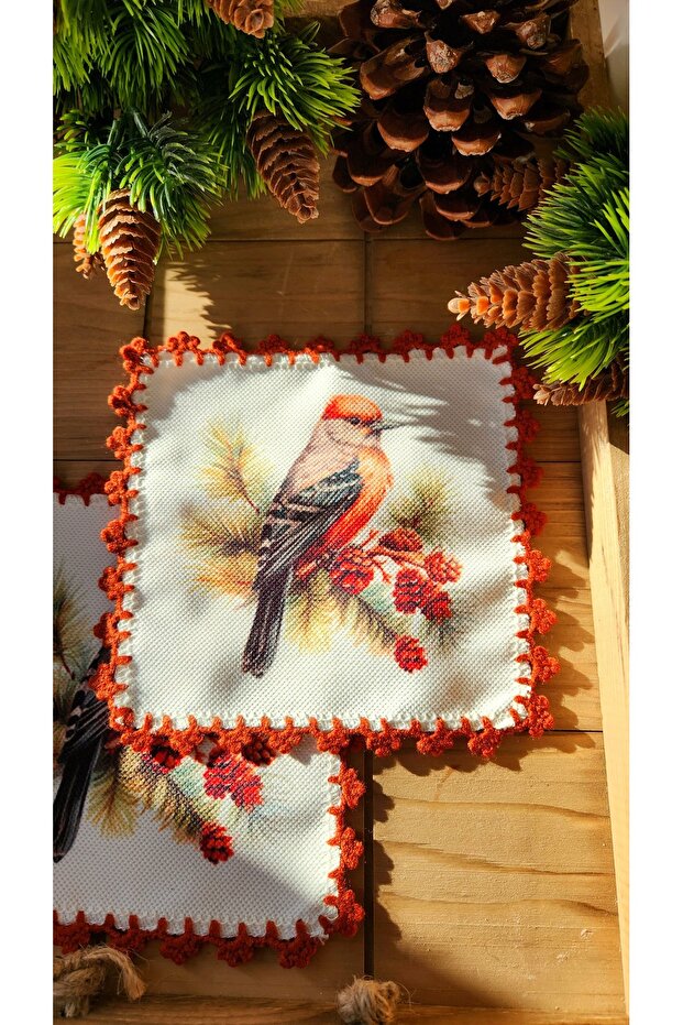 2 Decorative Cocktail Napkins with Cone and Bird Pattern