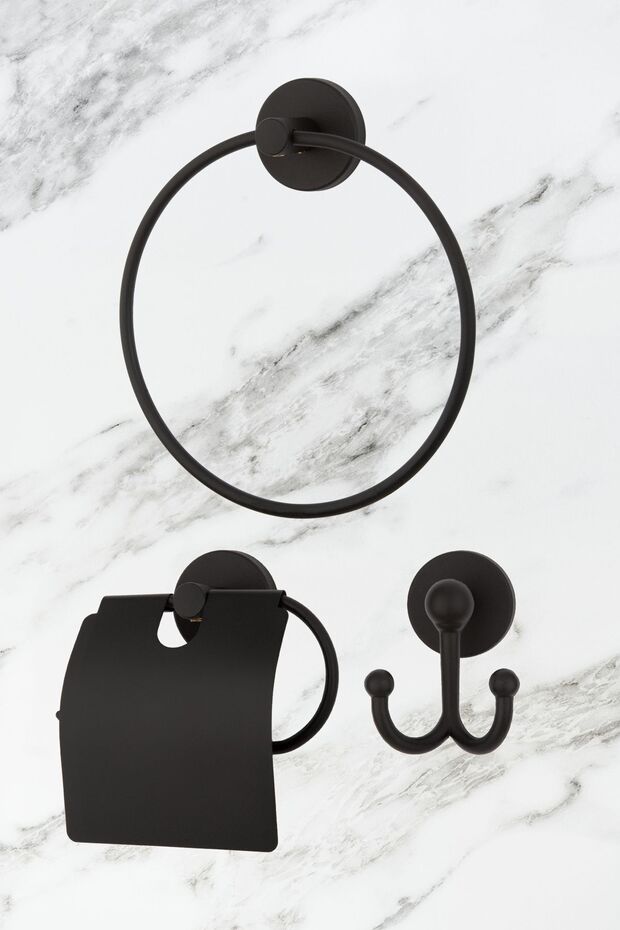 Black Ring Towel Holder Wide Covered Toilet Napkin Robe Hanger Set of 3 Bathroom Set