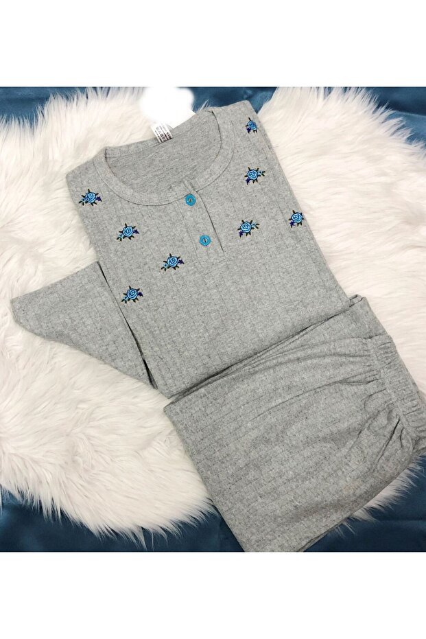 Wide Fit Winter Blue Flower Pattern Plus Size Mother Pajama Set