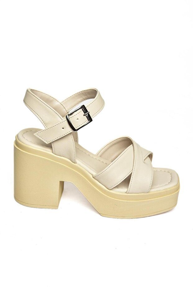 S996023009 Beige Damensandalen mit dickem Absatz - 7