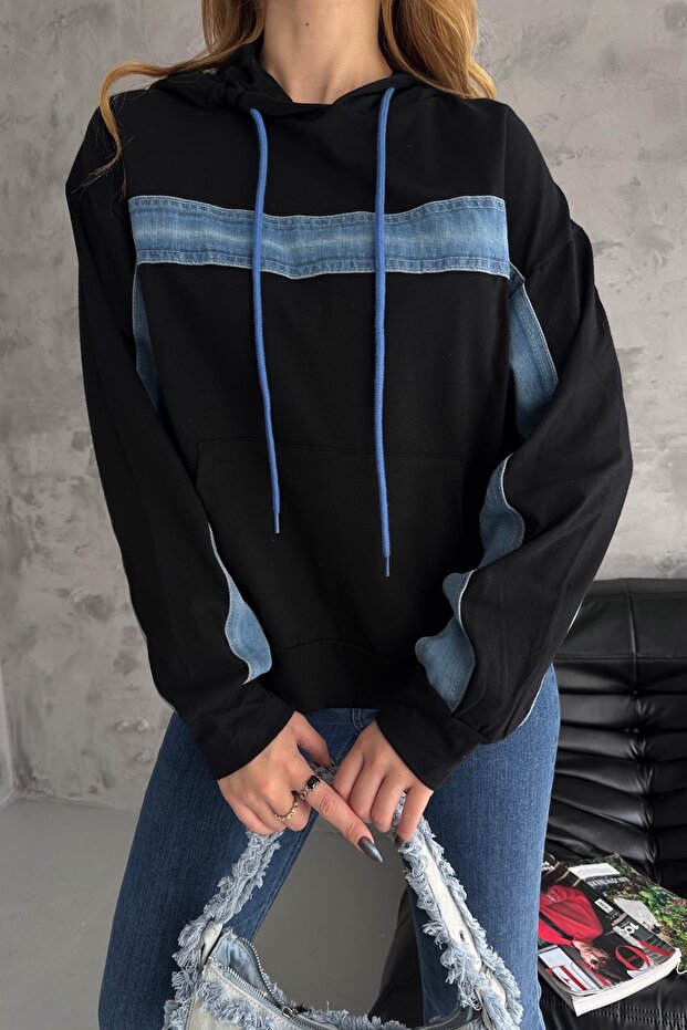 Women's Denim Detailed Hooded Sweatshirt
